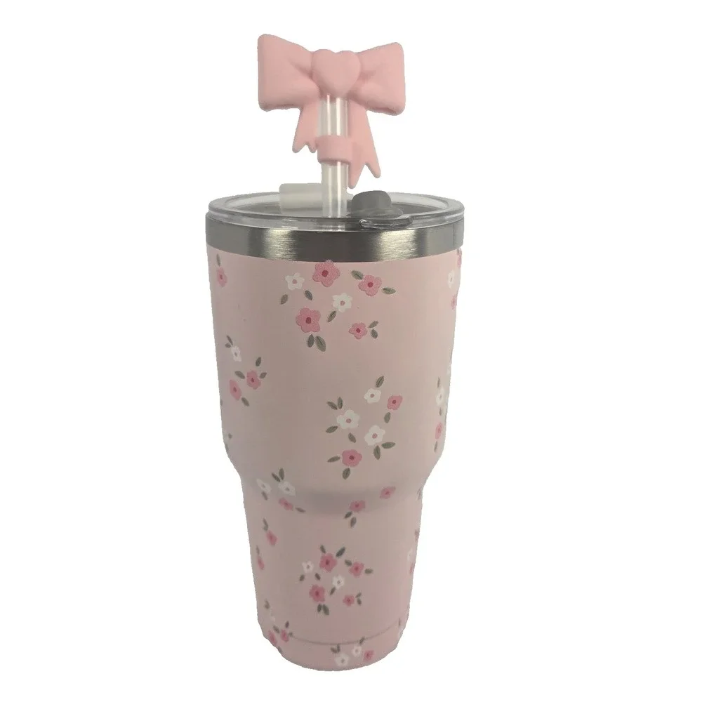 Umii Tumbler 30 oz Pink Floral Stainless Steel Bow Straw Handle Cup New
